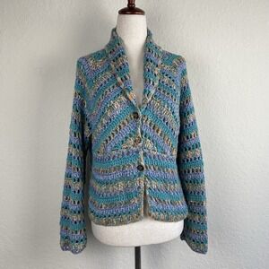 Vtg J Jill L Crochet Cardigan Cottage Boho Coastal Grandma Hippie Colorful 90s